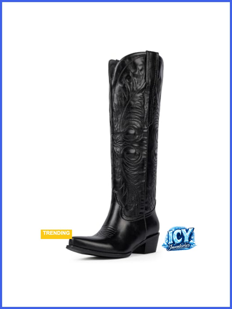 Knee High Cowgirl Boots Embroidered Pointed Toe Chunky Heel Western Pull On
